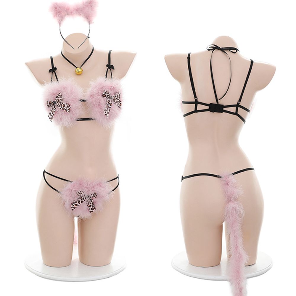 Set đồ lót ba món với tai và đuôi mèo dễ thương độc đáo bằng vải lông phong cách gợi cảm cho nữ dùng Cosplay nhiều màu