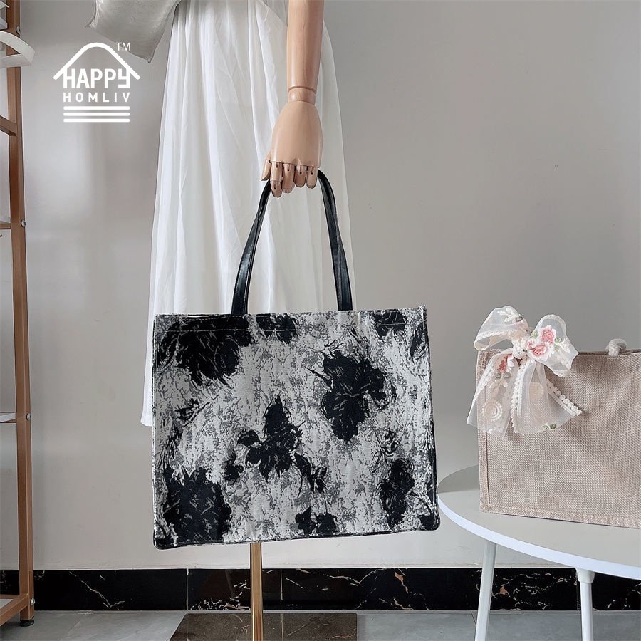 HAPPY HOMLIV Túi Tote Canvas A4 Sức Chứa Lớn Đựng Được Máy Tính In Họa Tiết Tranh Sơn Dầu Chất Lượng Cao 17-Inch Phong Cách Retro Pháp Cho Nữ Sinh