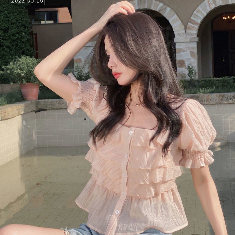 Áo Chiffon Ngắn Tay Cổ Vuông Màu Sắc Trơn Thời Trang Cho Nữ  tao bao