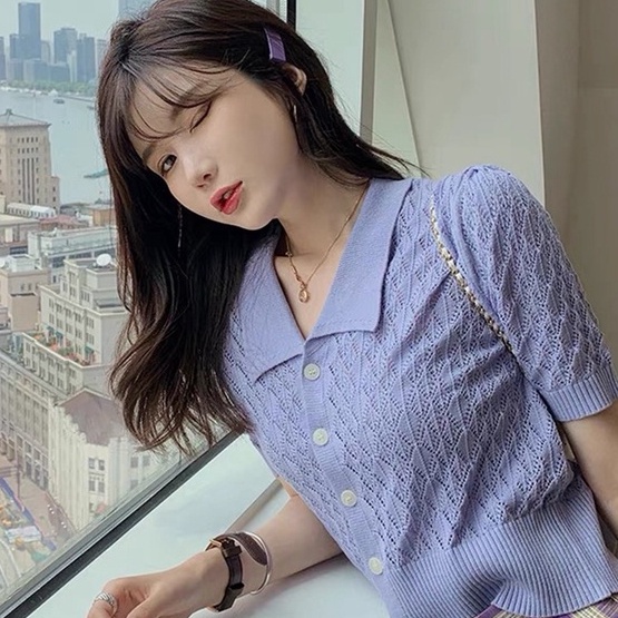 Áo cardigan ZHELIHANGFEI vải dệt kim tay ngắn cổ polo dễ phối đồ