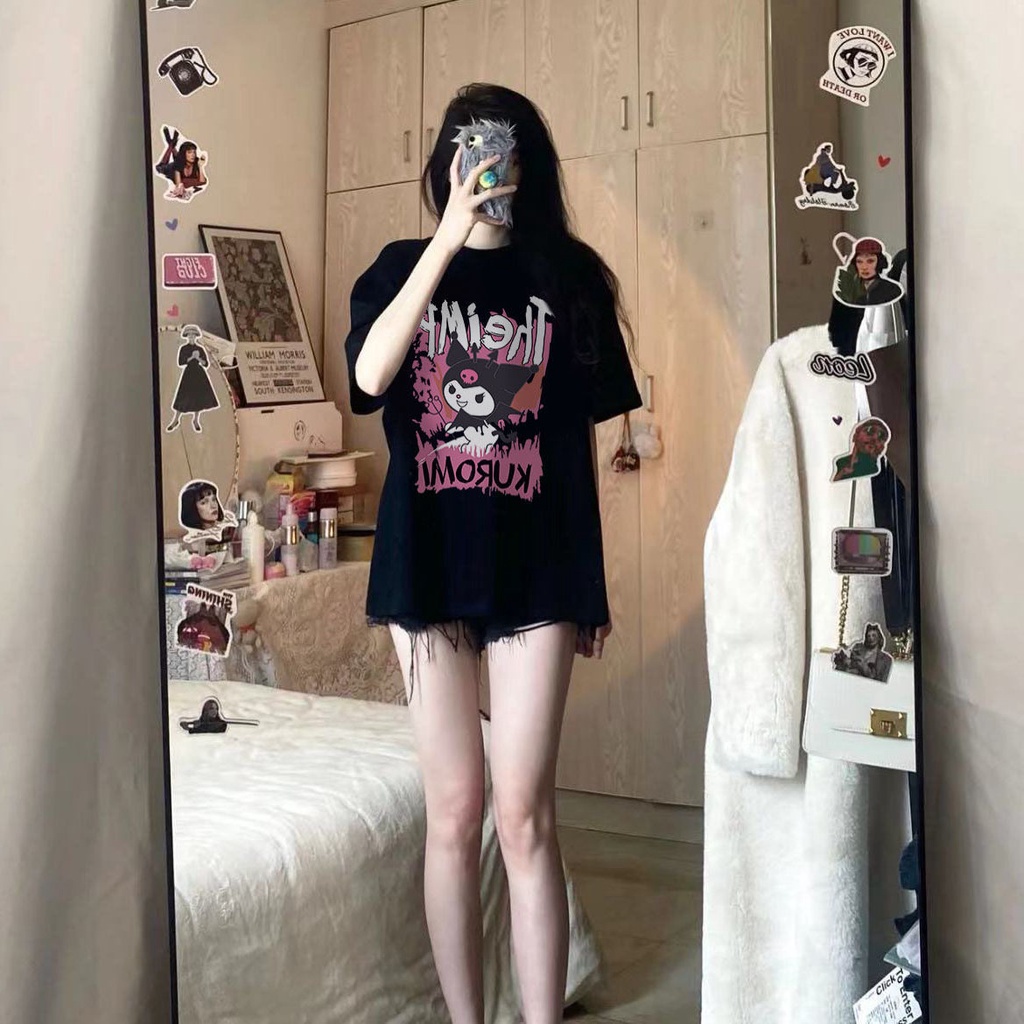 2022 Summer New Cartoon Anime Kulomi Print Black Short-sleeved T-shirt Female College Wind Top Couple Wear Ins Tide