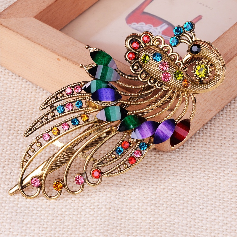 Kẹp Tóc Hình Con Công Đính Đá Phong Cách Retro