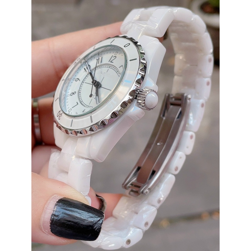 ĐỒNG HỒ NỮ UNISEX DÂY ĐÁ CERAMIC - MÀU ĐEN/TRẮNG - VỎ SILVER - SIZE 34MM VÀ 40MM