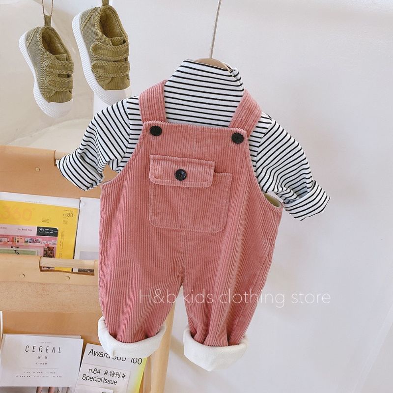 Yếm nhung tăm phối áo kẻ zip hàn siêu cute cho bé yêu