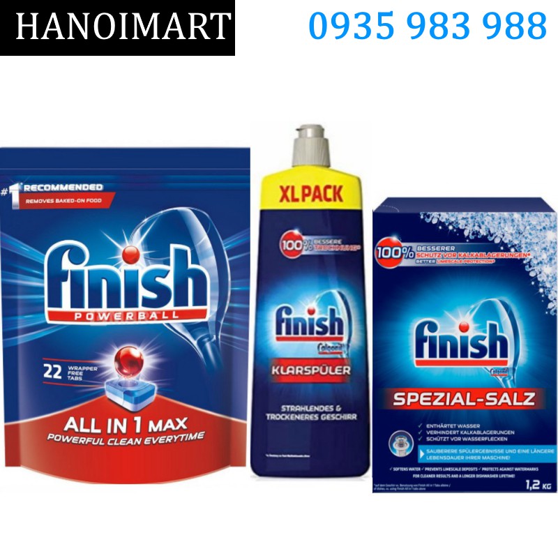 Combo Viên rửa bát Finish all in 1 max 22V + Muối Finish 1.2kg + Nước làm bóng Finish 750ml - HANOIMART