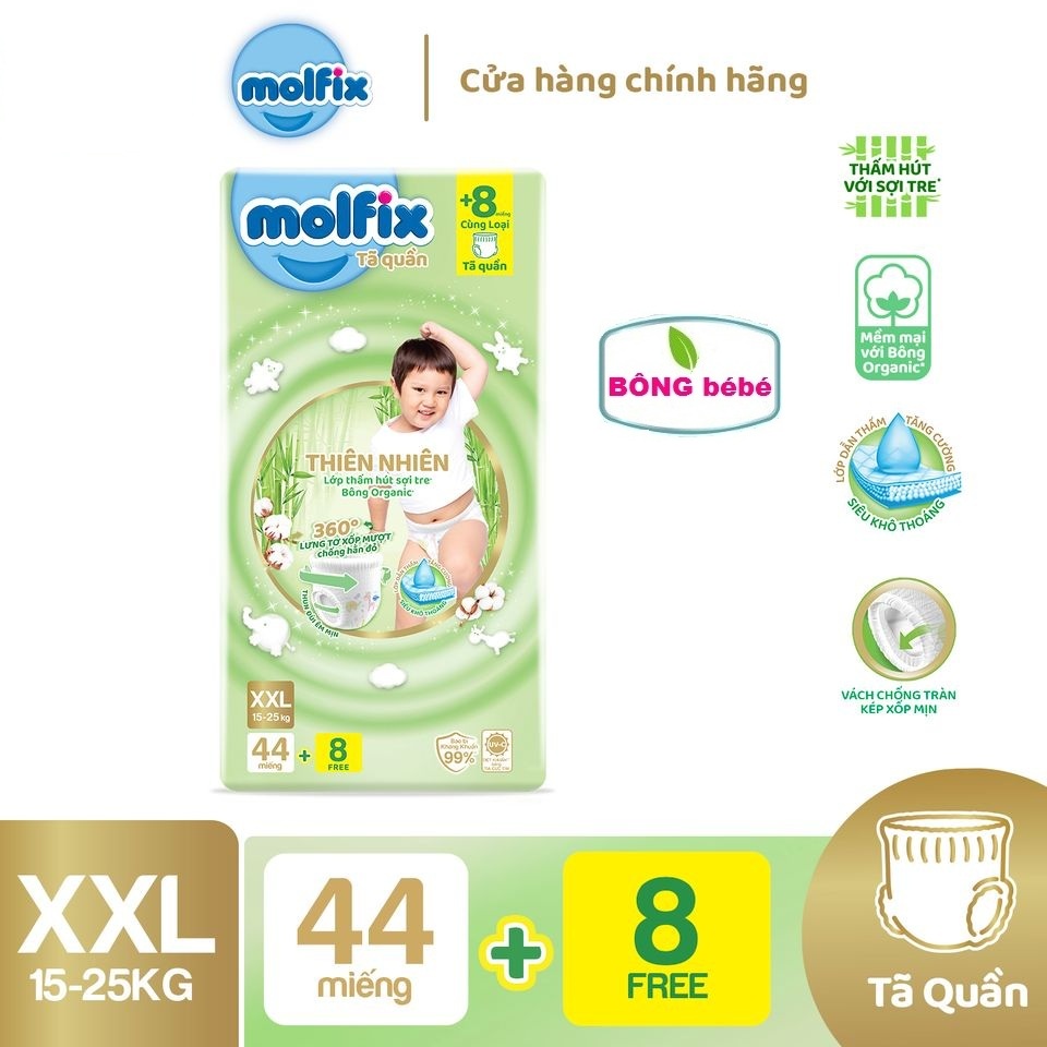 Tã quần Molfix thiên nhiên an toàn bông tự nhiên -Super Jumbo XXL (15kg - 25kg) - Gói 44+8 miếng