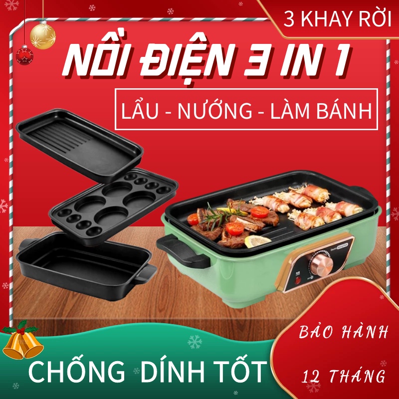 Bếp lẩu điện đa năng kết hợp 3 trong 1 khay rời, nướng, lẩu, làm bánh, có sẵn khay, an toàn tiện lợi