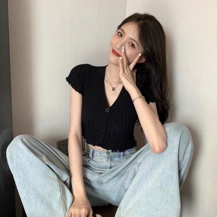 Áo croptop dệt kim nữ cổ V tay ngắn trẻ trung hàng Quảng Châu cao cấp