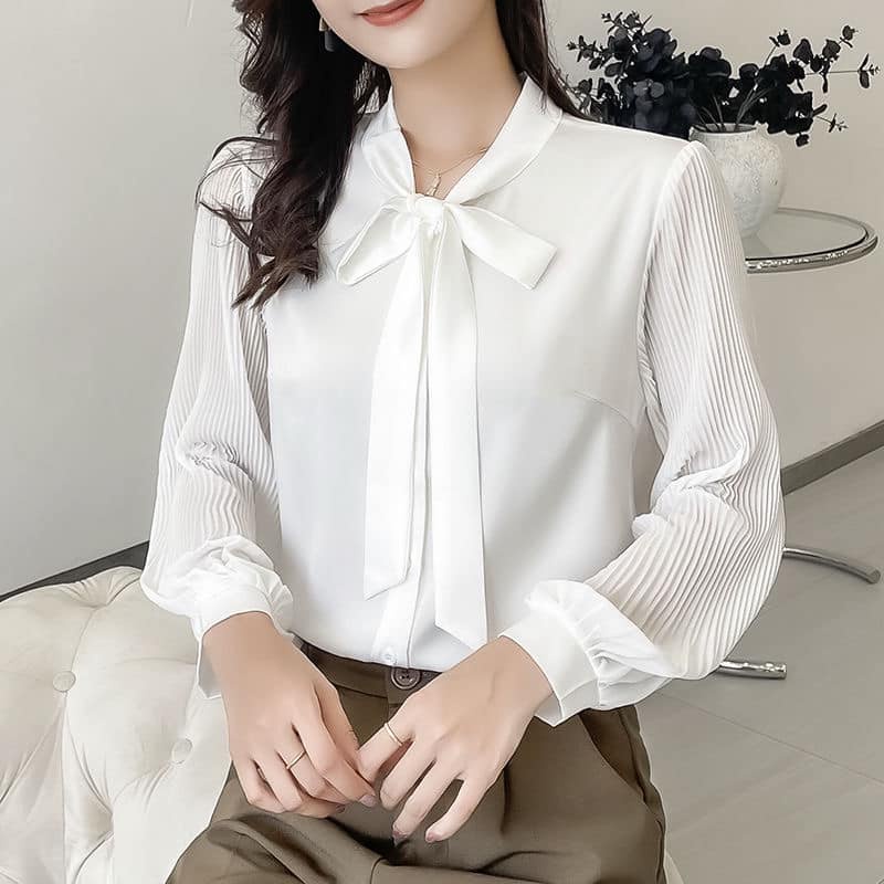 (B213)Áo sơ mi tay dài phối dập li đẹp sang nữ cổ thắt nơ chất mềm đẹp thời trang sang chảnh mẫu mới đẹp cực siêu sang