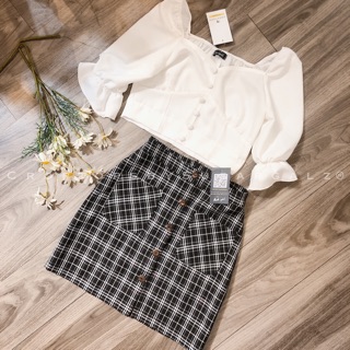 [Ảnh thật] Set áo croptop cổ vuông khuy cúc tiểu thư và chân váy kẻ caro - by SugarG