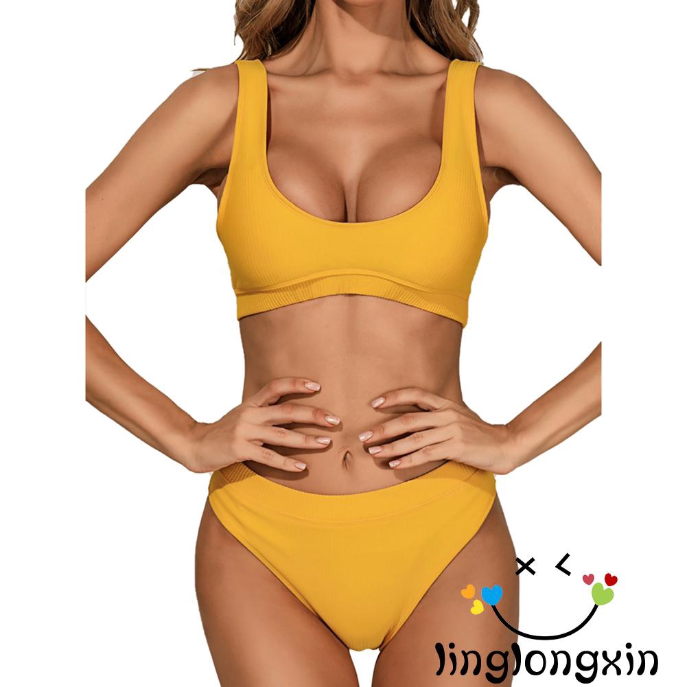 ♛♚♛Women Fashion High Waist Solid Color Split Shoulders Swimsuit Set | BigBuy360 - bigbuy360.vn
