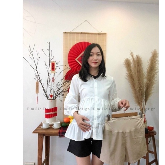 áo bầu sơ mi V75 Trắng dài tay kiểu dáng mới ( kèm ảnh thật)