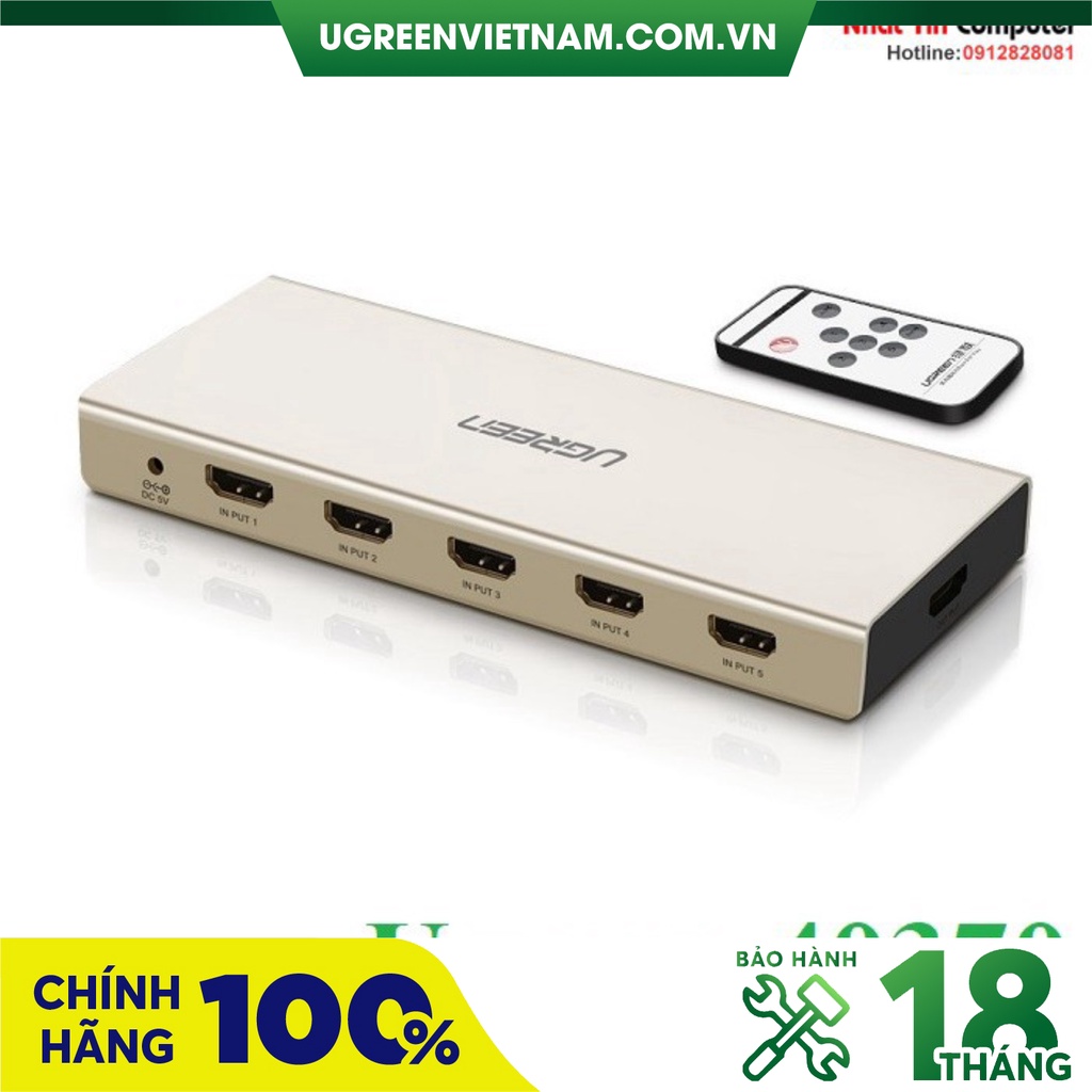 Bộ chuyển mạch HDMI 5 vào 1 ra 4K 3D hỗ trợ Optical + Audio 3.5mm chính hãng Ugreen 40370 cao cấp