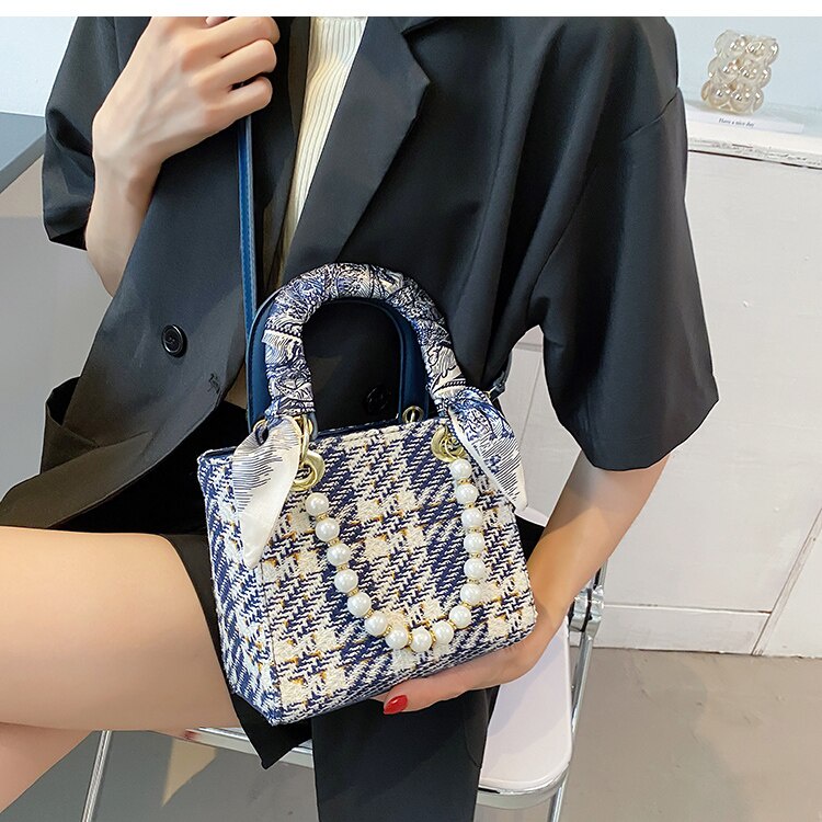 Túi Đeo Chéo Vai JASMIN NOIR Sọc Caro Phối Dây Ruy Băng Len Chất Lượng Cao Sang Trọng Thời Trang Hè 2021 Cho Nữ