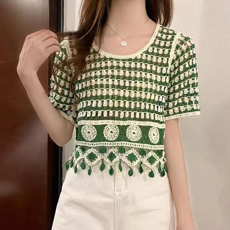 Áo Dệt Kim Ngắn Tay Họa Tiết Kẻ Sọc Phối Tua Rua Thời Trang Cho Nữ