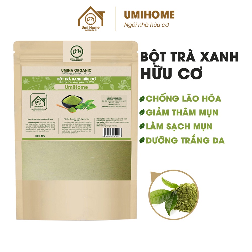 Bột Trà Xanh hữu cơ UMIHOME nguyên chất 40g đắp mặt nạ trắng da, ngừa mụn và thâm hiệu quả, chống lão hóa