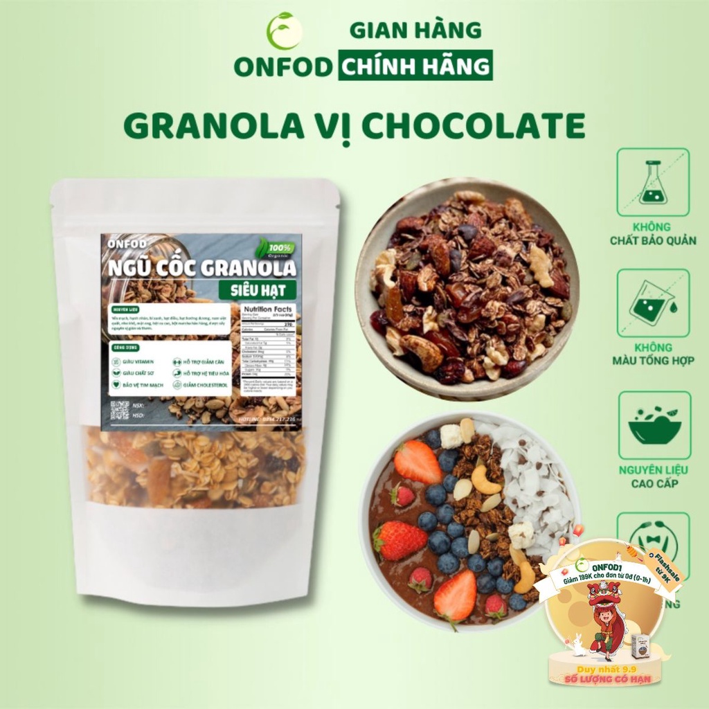 Ngũ cốc granola siêu hạt ONFOD vị chocolate, dành cho người tiểu đường, ăn kiêng, giảm cân250g 500g