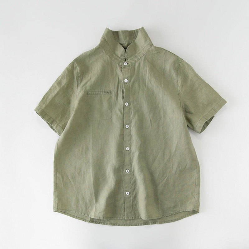 Ice cotton linen short-sleeved shirt Japanese stand-up collarblouse second to kill the big brand withdraw single cut label