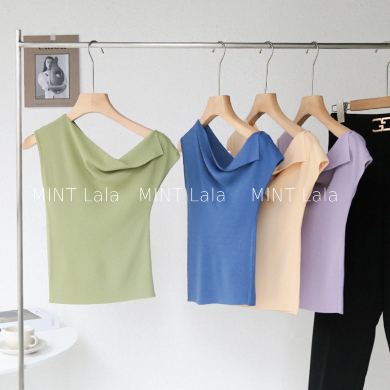 Áo Lệch Vai Không Tay Chất Len Mềm Mại