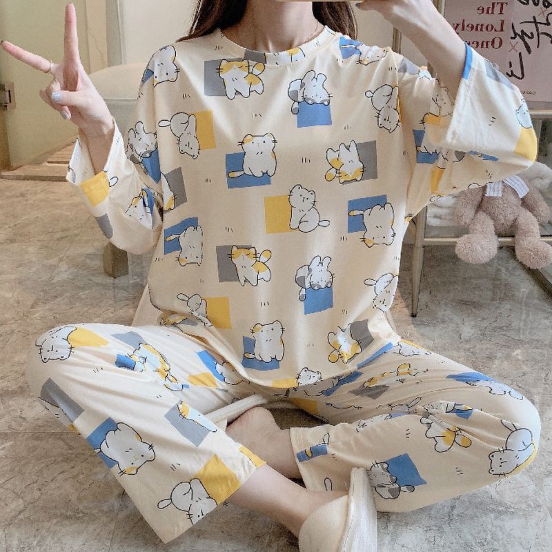 Ladies Casual Loose Cute Cotton Cartoon Print Long Sleeve 2-Piece Set