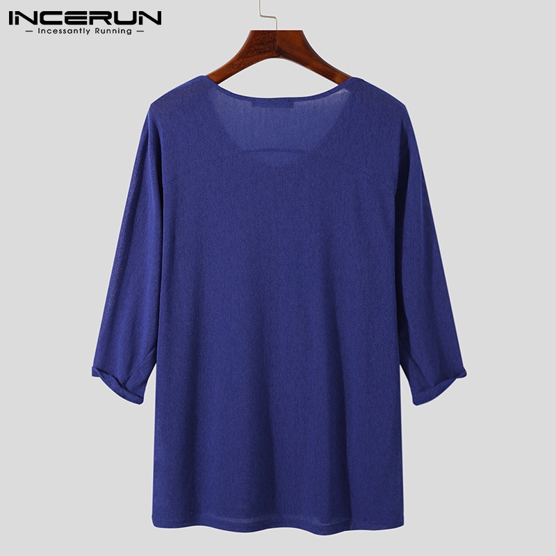 Áo thun INCERUN mỏng cổ chữ V màu trơn co giãn thời trang thông thường cho nam