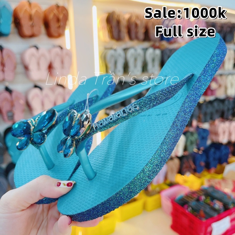 dép HVN kim tuyến viền xanh biển mix charm bướm đá xanh dương