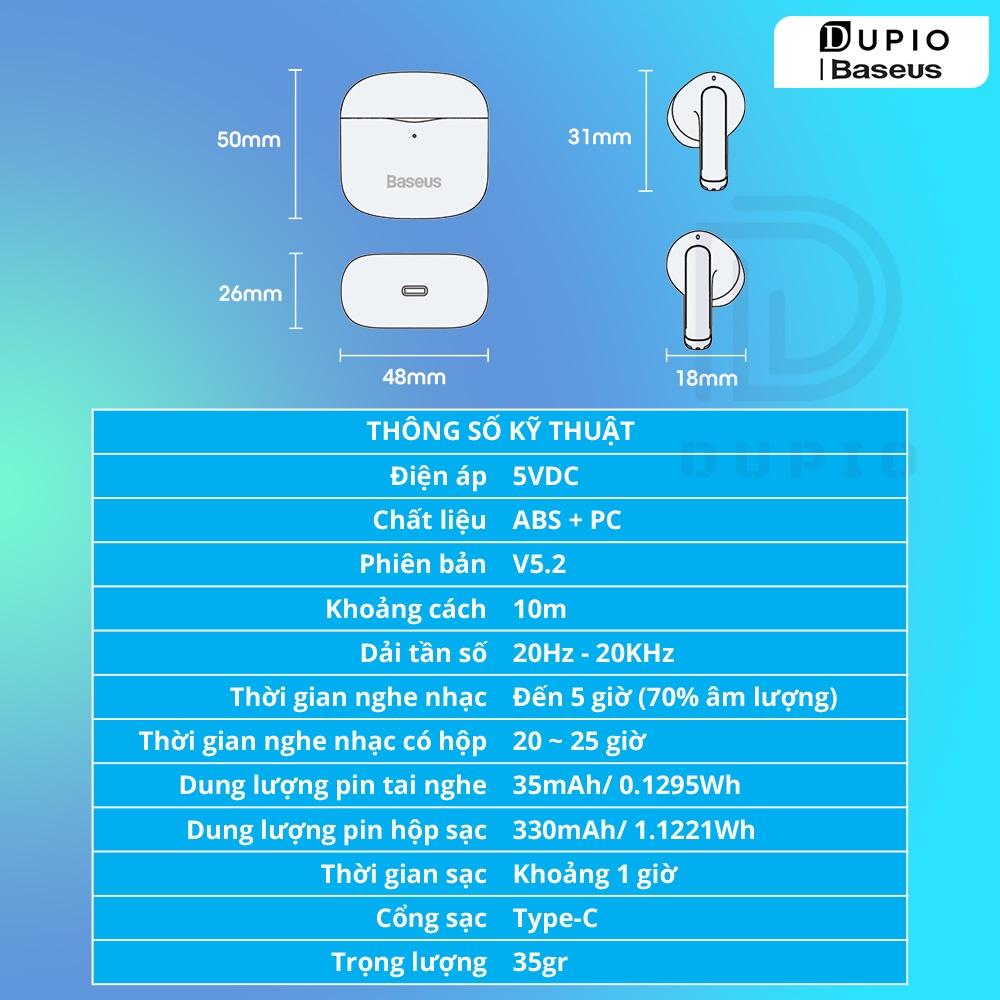 Tai nghe Bluetooth DUPIO Baseus TN01 không dây thông minh công nghệ mới V5.2 chống nước