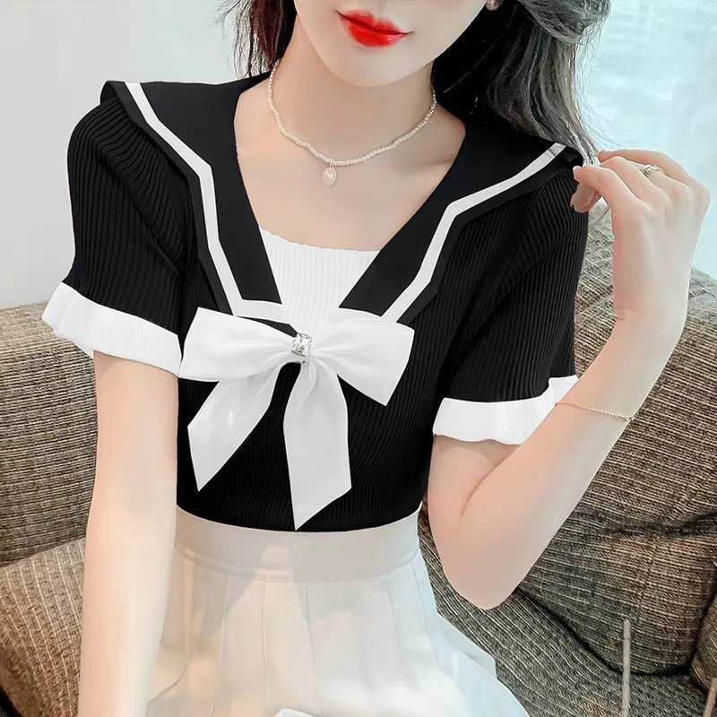 [L2M] Áo len nữ dệt kim Montoghi CÀI NƠ CỔ dáng ôm kết hợp TAY BÈO Quảng Châu ngắn xinh xắn