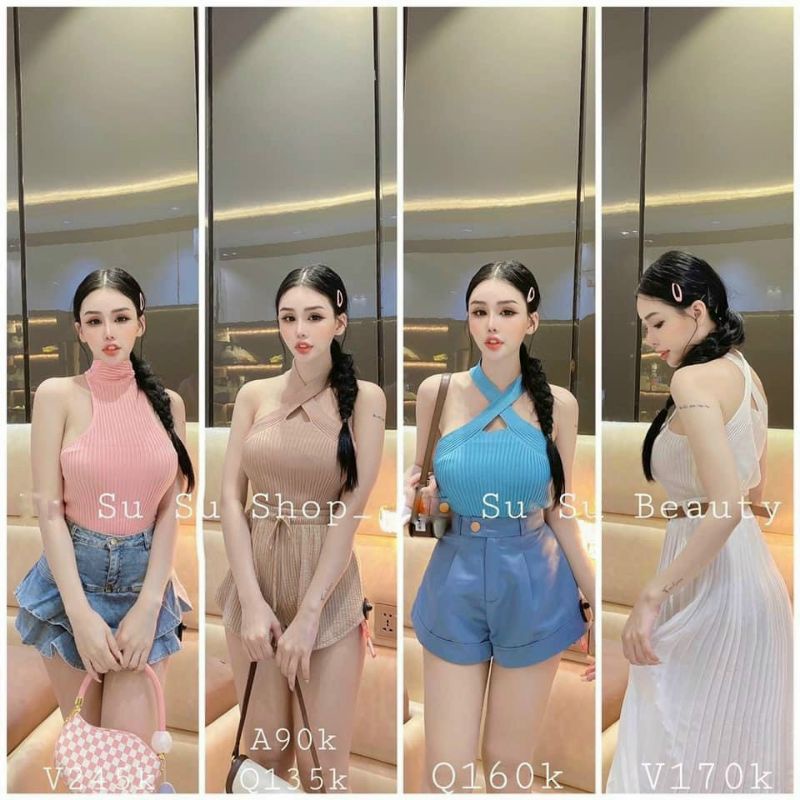 Áo yếm croptop chéo cổ hở vai mặc được 2 kiểu trước và Sau A15