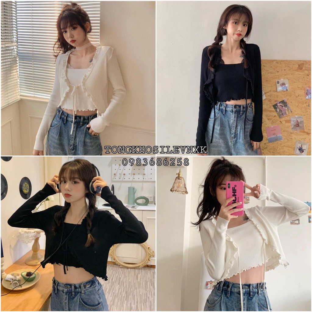 SET CARDIGAN TĂM MỎNG + ÁO QUÂY NỮ ĐEN TRẮNG - CROPTOP THIẾT KẾ DÂY VIỀN BÈO TIỂU THƯ Ulzzang - SET ÁO KHOÁC CROP CỘT BÈ