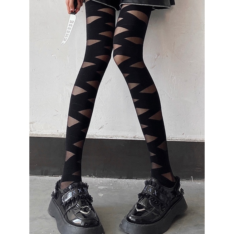 Gothic Cross Strap Sheer Pantyhose Tights Women Japanese Harajuku Temptation Knee Thigh High Socks Sexy Lolita Black Stockings