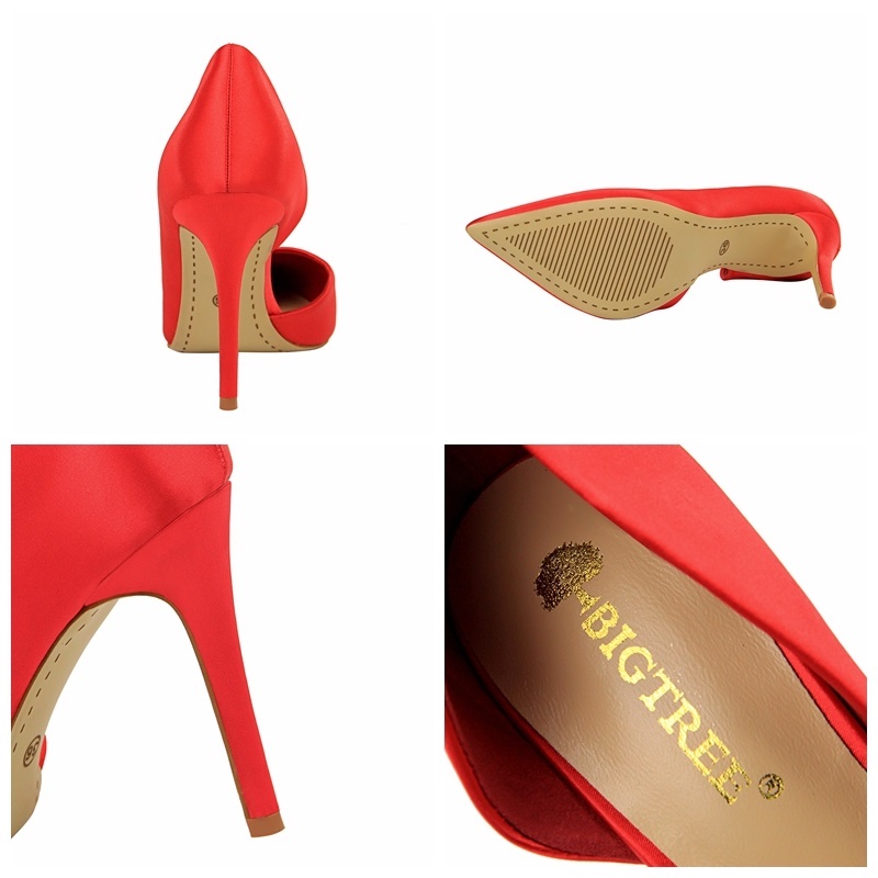 BIGTREE Chính Hãng Giày Cao Gót 9.5cm Mũi Nhọn Chất Liệu Satin Phong Cách Retro Cho Nữ Mall-830-3