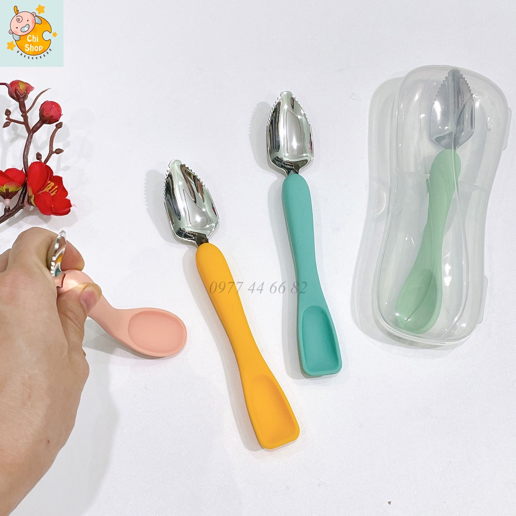 Thìa nạo hoa quả 2 đầu tiện lợi dành cho bé kết hợp thìa ăn dặm silicon