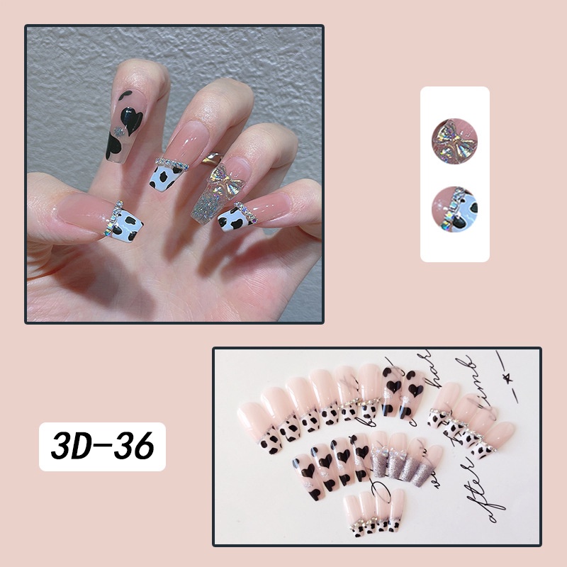 Set 24 móng tay giả thiết kế kiểu dáng 3D kèm keo dán phong cách Pháp tinh tế