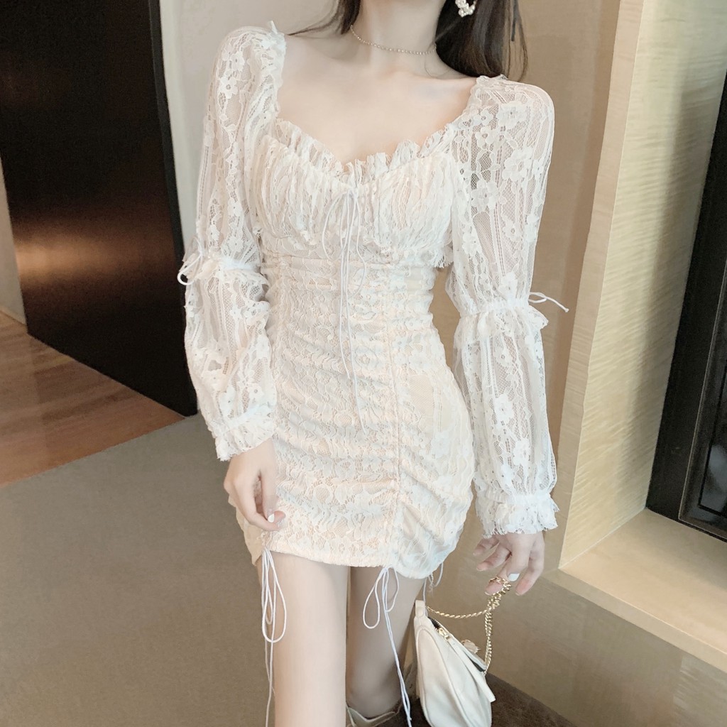 (Sẵn) M62 - Đầm body ren hoa Ulzzang cúp ngực dài tay rút dây mặc hai kiểu (2 màu)