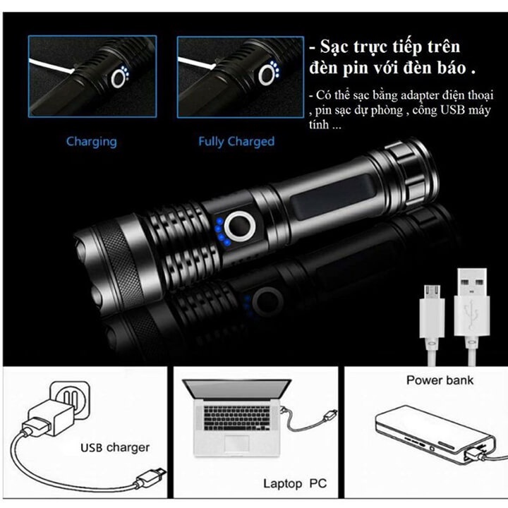 Đèn pin siêu sáng XHP50-đèn pin cầm tay có thể sạc lại USB Siêu sáng,tiêu điểm bằng kính thiên văn để đi cắm trại dã n