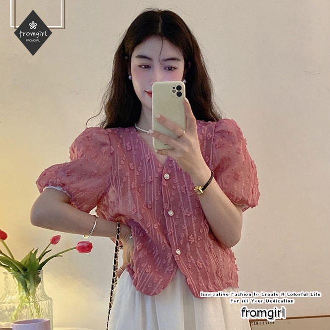 Áo Sơ Mi Tay Ngắn Phồng Cổ Chữ V Thời Trang Mùa Hè 2022 Phong Cách Pháp Ngọt Ngào Mới Dành Cho Bạn Nữ