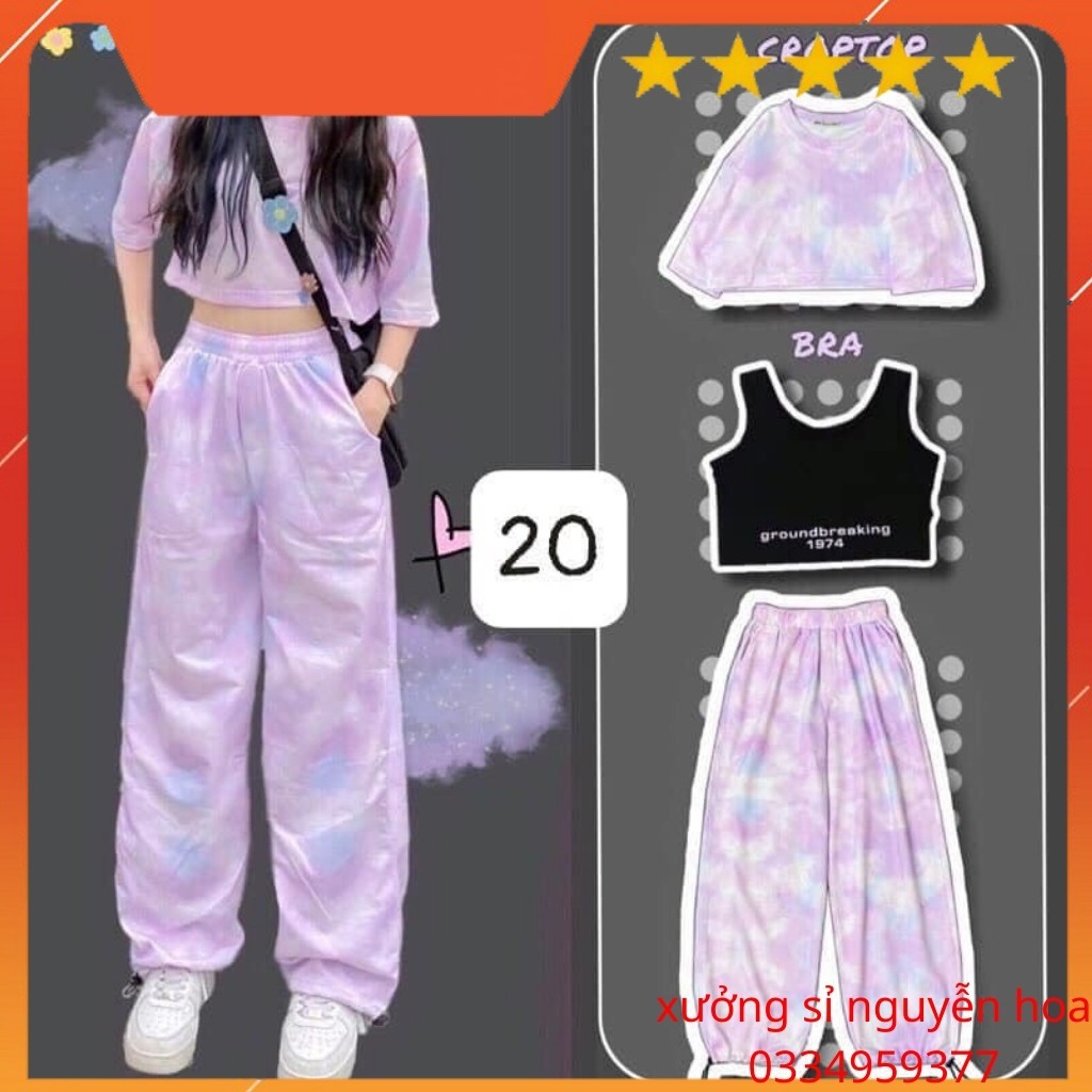 Set bộ áo croptop loang màu kèm áo bra 1974 đen và quần jogger dài loang màu ống rộng dây rút siêu đẹp