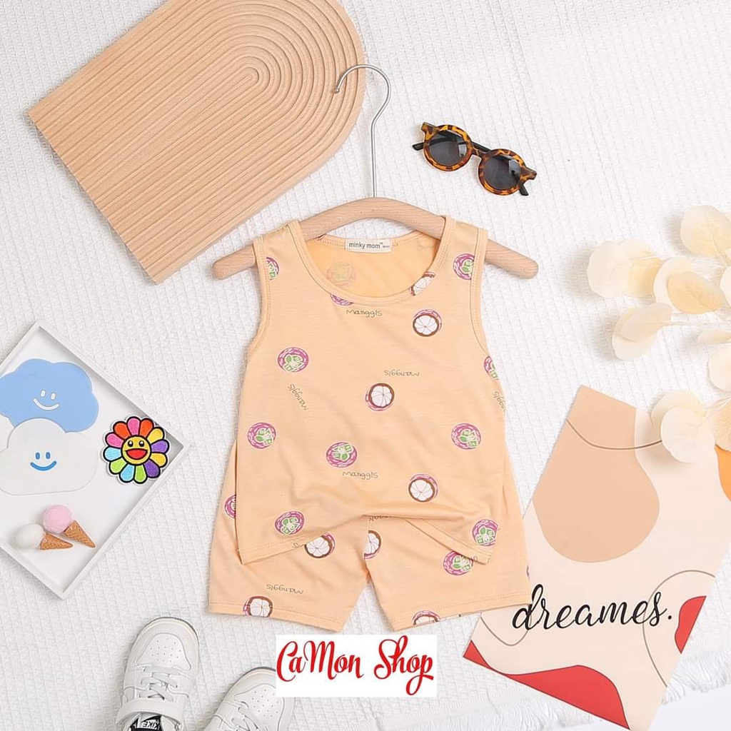 Quần áo trẻ em, bộ ba lỗ thun lạnh bé trai bé gái in hình hoa quả, áo thun nam, áo thun nữ