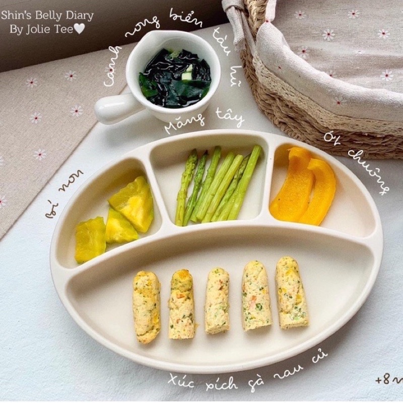 Khay ăn dặm silicone cao cấp hình oval cho bé ăn dặm, đế hít chân không chống đổ chống lật