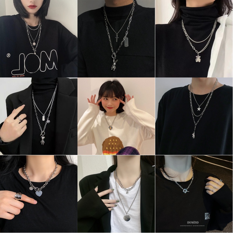 Vòng Cổ Dây Xích Nhiều Lớp Mặt Hình Gấu / Bướm / Ngọc Trai Thời Trang Hip Hop Cho Nữ
