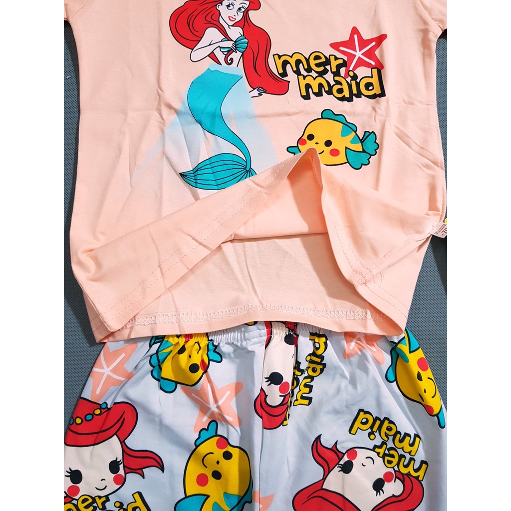 Bộ thun cotton mát mẻ mùa hè in nàng tiên cá ariel cho bé gái