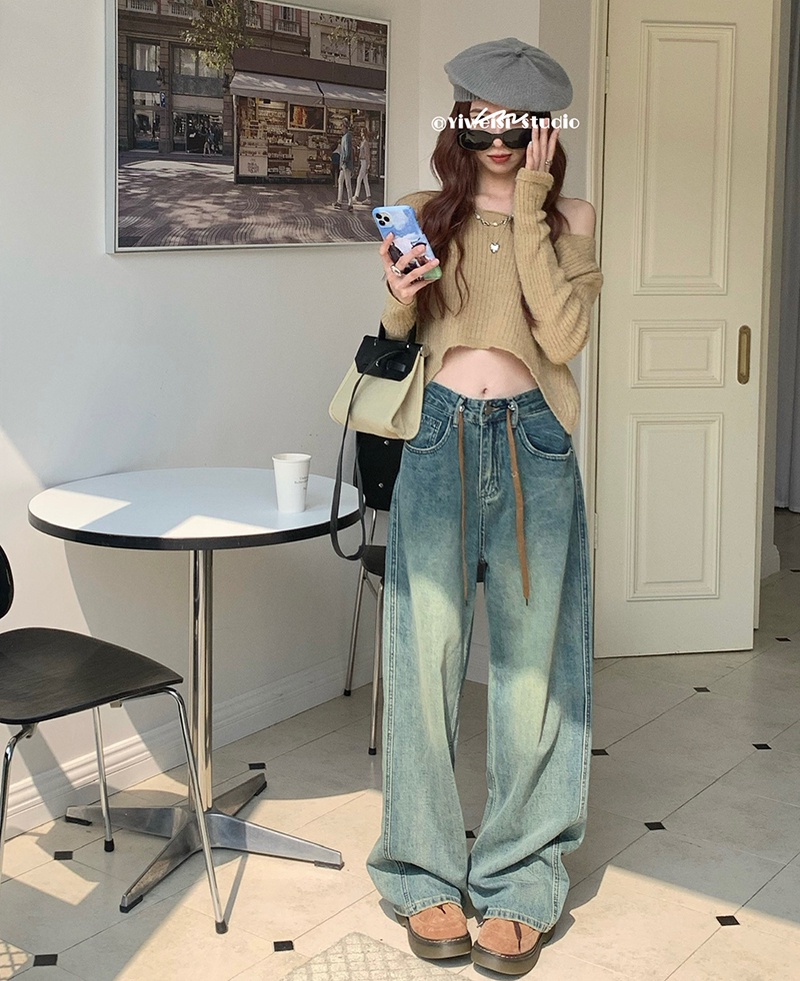 Quần Denim Ống Rộng Phối Dây Rút Phong Cách Retro 55787