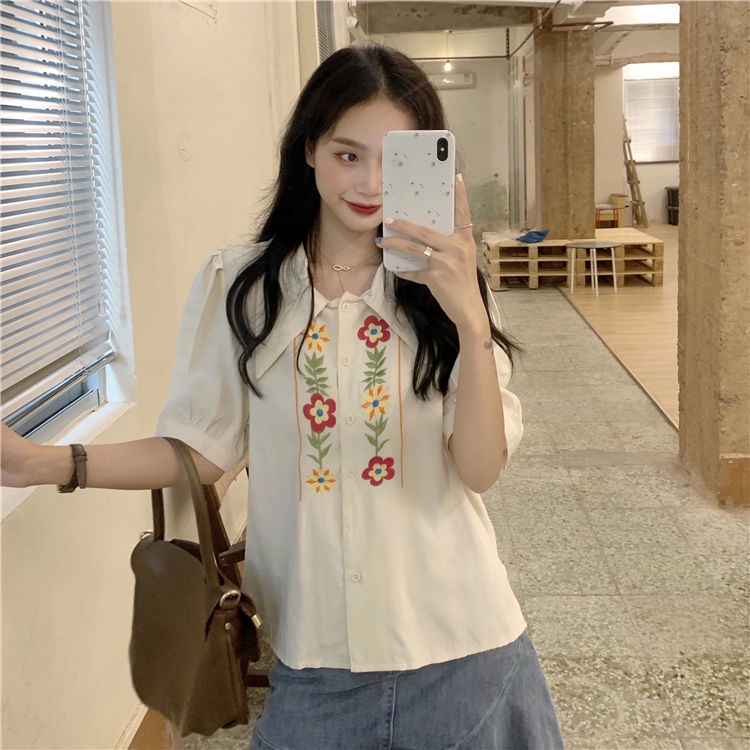 Áo Sơ Mi Tay Ngắn Dáng Rộng Thêu Hoa Thời Trang Mùa Hè Mới Cho Nữ