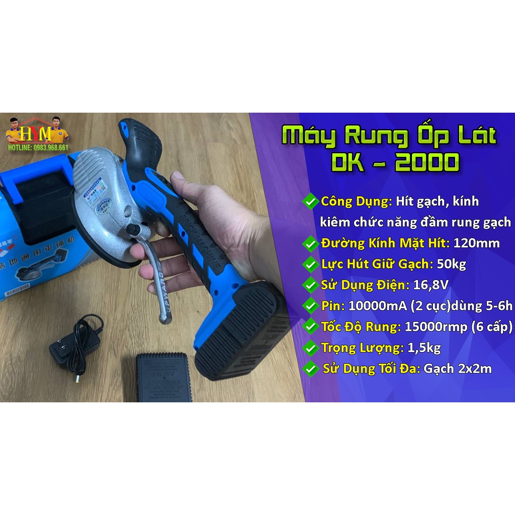 MÁY RUNG KIÊM HÍT GẠCH DK-2000 | 6 Cấp Độ Rung | Hít Gạch Lên Tới 80kg | Đầy Đủ 2 Pin 10000mA 16.8V Siêu Bền