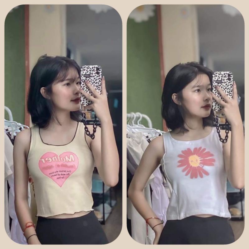 Áo croptop hai dây in hình trái tim, bông hoa dễ thương