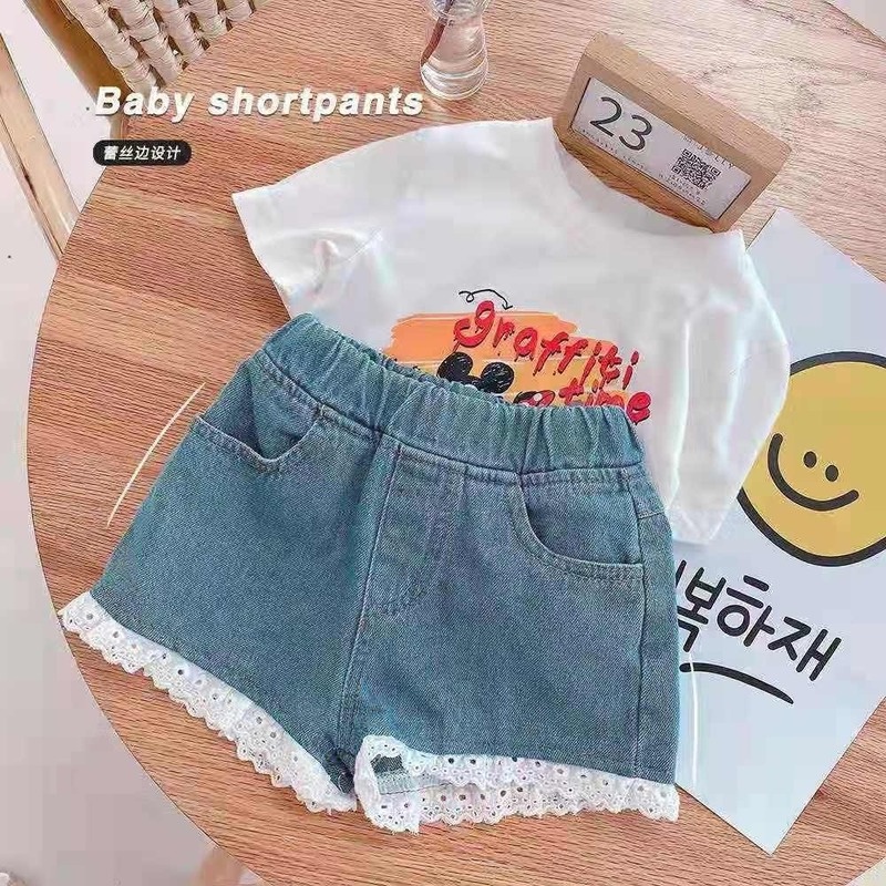 Quần Short Denim Lưng Cao Dáng Rộng Viền Ren Thời Trang Mùa Hè Hàn Quốc Mới Cho Bé Gái