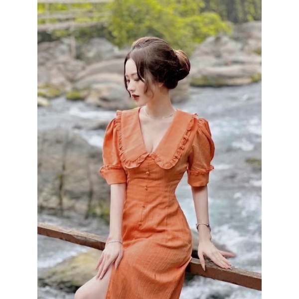 Đầm Cam Cổ Bèo Hai Lớp Cúc Bọc Vintage | BigBuy360 - bigbuy360.vn