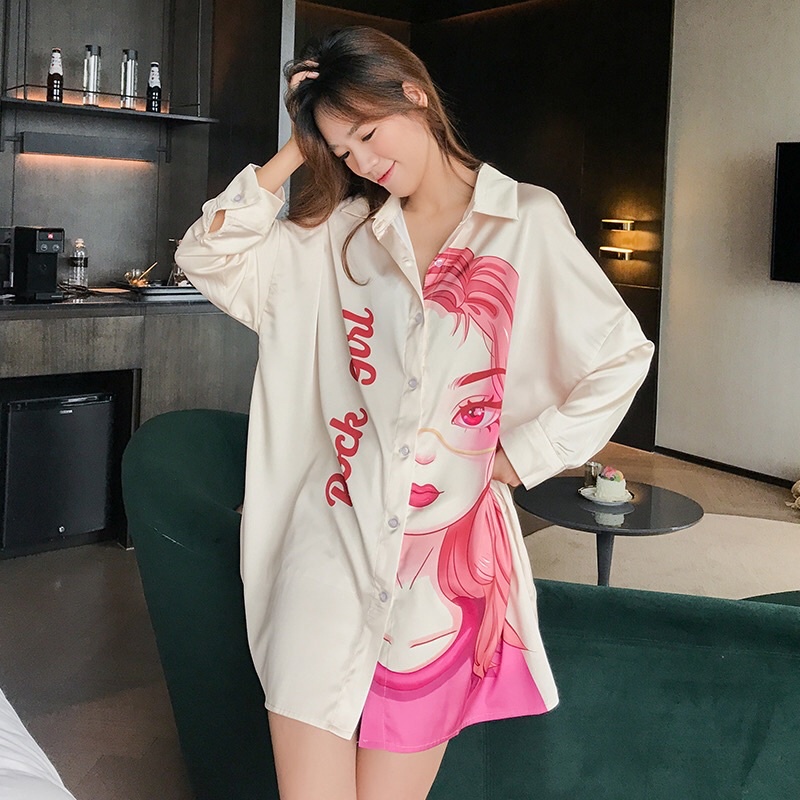 Váy ngủ sơ mi lụa tay dài rock girl &amp; snow girl blue lụa satin cao cấp quảng châu T006.