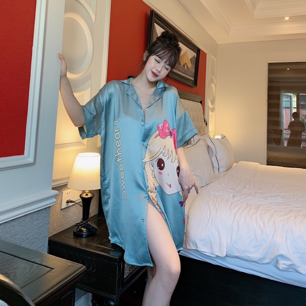 Váy Ngủ Dáng Sơmi Cực Xinh Chất Liệu Lụa Satin Mềm Mịn Phom 45-60kg | BigBuy360 - bigbuy360.vn